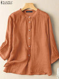 ZANZEA 2025 Spring Summer Blouses Casual Women Shirts Solid Color 3/4 Sleeve Buttons Cotton Linen Blusas Solid Top Casual Tunic