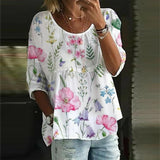 Camisa estampada suelta para mujer. Blusa de cuello redondo.