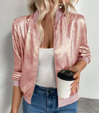Campera Bomber Mujer Brillo con Cierre Liviana Manga Larga