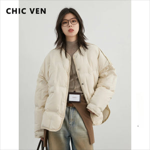 CHIC VEN Women Down Coats Solid Loose Casual New 90 White Duck Down Female Down Jacket Warm Overcoat Autumn Winter 2024
