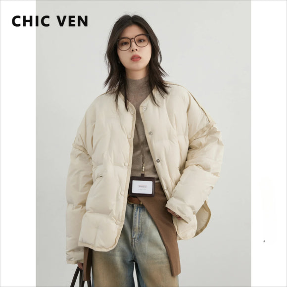 CHIC VEN Women Down Coats Solid Loose Casual New 90 White Duck Down Female Down Jacket Warm Overcoat Autumn Winter 2024