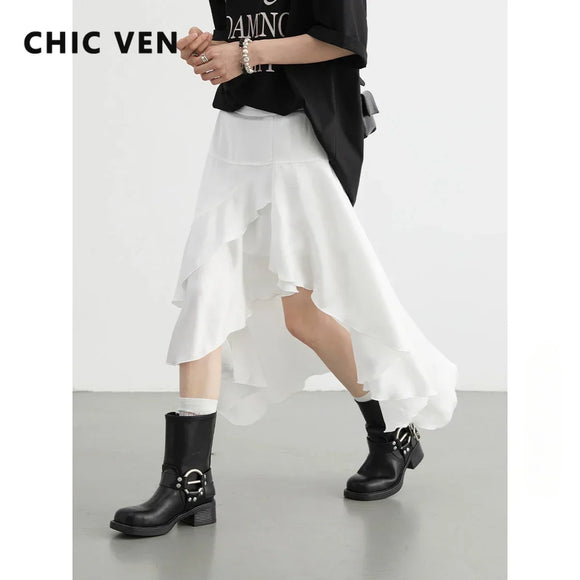 CHIC VEN Women Skirts High Waisted Irregular Ruffled Edge Skirt A-line Medium Length Female Fishtail Skirt Summer 2024