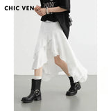 CHIC VEN Women Skirts High Waisted Irregular Ruffled Edge Skirt A-line Medium Length Female Fishtail Skirt Summer 2024