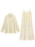 CHIC VEN Women Dress Sets Stripe Shirt Loose Casual Long Sleeve Sunscreen Blouses Camisole V-neck Dresses Spring Autumn 2025