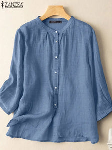 ZANZEA 2025 Spring Summer Blouses Casual Women Shirts Solid Color 3/4 Sleeve Buttons Cotton Linen Blusas Solid Top Casual Tunic