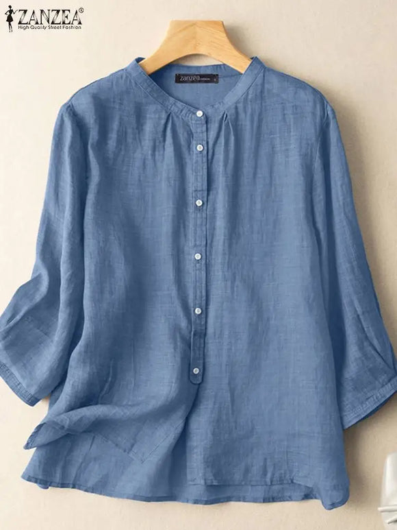 ZANZEA 2025 Spring Summer Blouses Casual Women Shirts Solid Color 3/4 Sleeve Buttons Cotton Linen Blusas Solid Top Casual Tunic