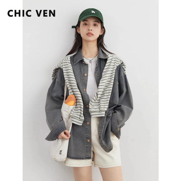 CHIC VEN Women Shirt Single Breasted Loose Casual New Retro BF Style Female Denim Shirt Woman Jacket Blouses Spring Autumn 2025