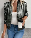 Campera Bomber Mujer Brillo con Cierre Liviana Manga Larga