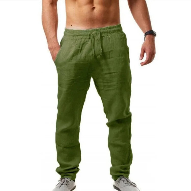 Pantalones de algodón y lino para hombre, estilo casual, ajuste holgado,  pierna recta, cordón elástico, cintura elástica, pantalones de playa de